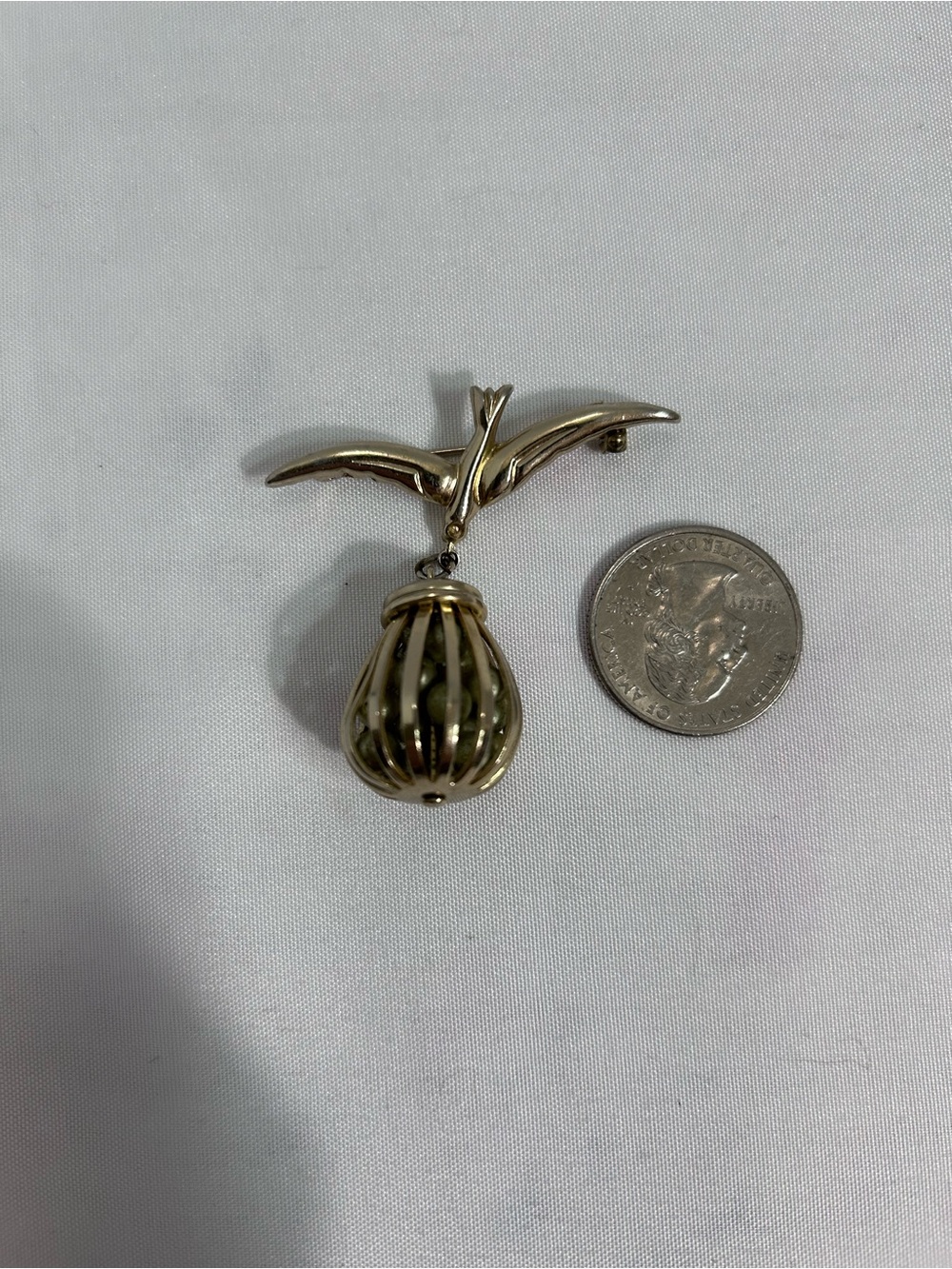 Gold-Tone Bird Brooch with Cage Drop